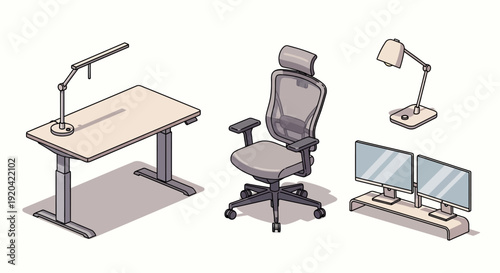 Modern ergonomic office chair and adjustable desk workstation illustration featuring contemporary office furniture setup designed for productivity, comfort and professional workspace organization, cle