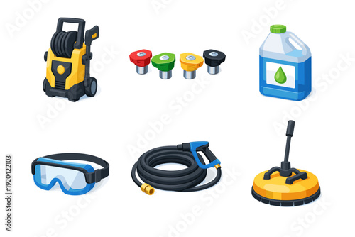 Set of pressure washer accessories and cleaning supplies for outdoor maintenance