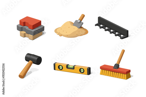 Isometric construction tools and materials set with pavers, sand, rake, mallet, level and brush