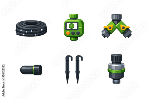 Set of garden watering equipment including hose, timer, splitter, and connectors
