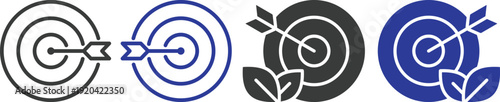 Target goal achievement icon set collection with dartboard, arrow, focus and business strategy symbols in blue and black colors isolated on white background, success and marketing concept.