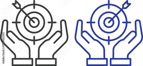 Target goal achievement icon set collection with dartboard, arrow, focus and business strategy symbols in blue and black colors isolated on white background, success and marketing concept.