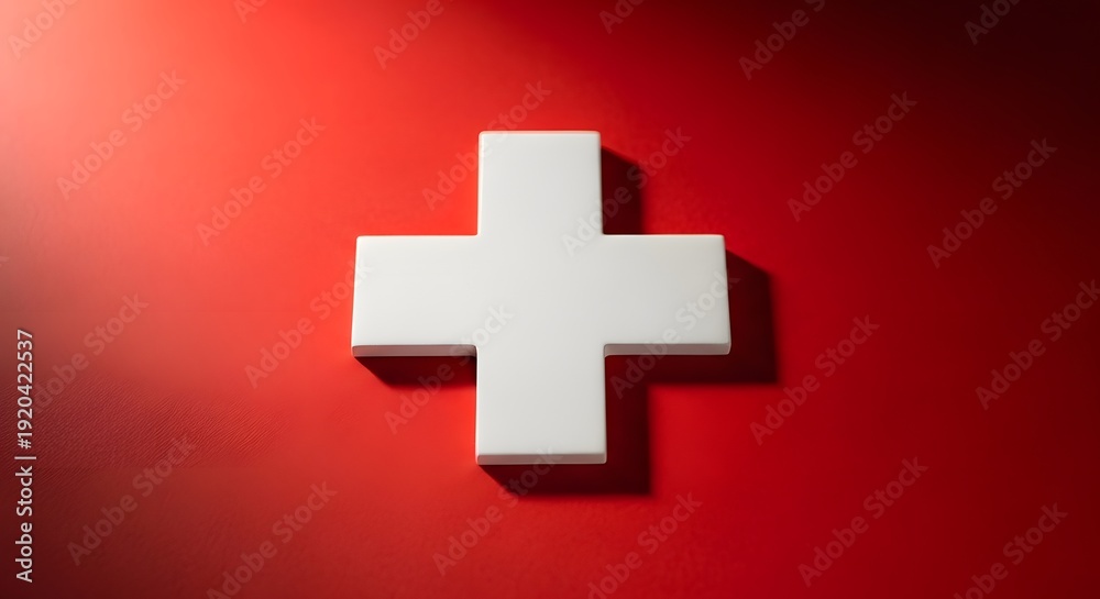 Obraz premium 3D white medical cross plus sign on vibrant red gradient background healthcare