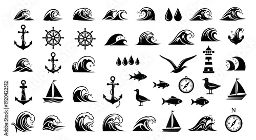 Nautical Icons Set: Waves, Anchor, Ship Wheel, Lighthouse