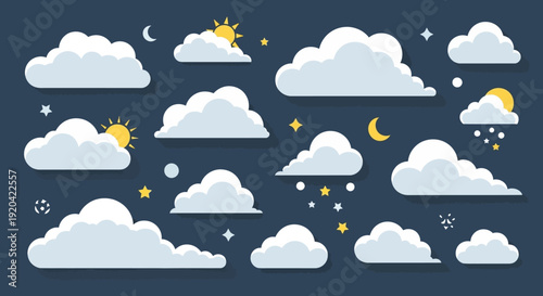 Night Sky with Clouds, Moon, Stars, and Sun Icons