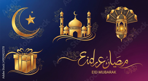 Adobe Illustrator Artwork. Colorful collection of Ramadan icons depicting Islamic traditions, elements of fasting, prayer, and celebration, including mosque, moon, dates, and family gathering for fest