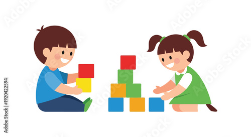 Two young children happily play with colorful building blocks creating a tower together a charming silhouette high quality professional detailed modern