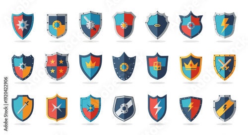 Collection of Diverse Shields with Symbols: Protection, Security, Heraldry, Gaming, and Medieval Themes