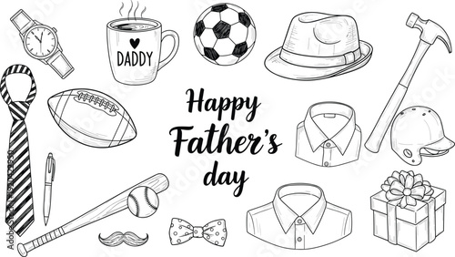 Happy Father's Day hand drawn vector set with classic dad gift icons including necktie coffee mug wristwatch tools sports gear and stylish hat for greeting card designs