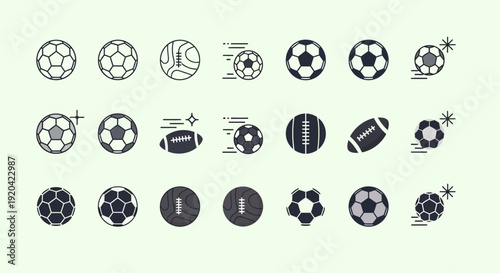 Collection of Diverse Sports Balls Icons: Soccer, Football, Baseball, Pixel Art Style