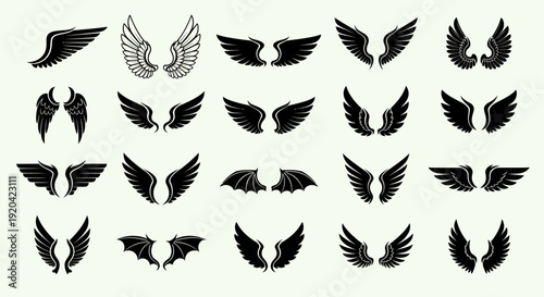 Collection of Diverse Wing Silhouettes: Angelic, Bat, and Feathered Designs