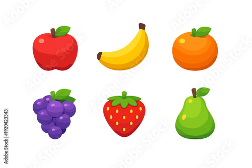 Collection of six colorful, stylized fruits arranged in two rows on a white background