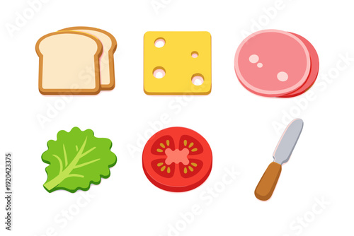 Flat design icons for sandwich ingredients: bread, cheese, ham, lettuce, tomato, and knife