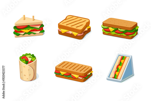 Collection of six colorful sandwich and wrap icons on white background for menus and app design