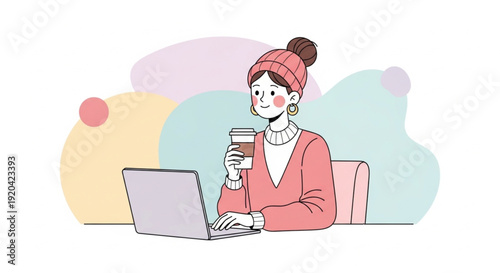 Young Woman Drinking Coffee While Working on Laptop Remote Work Home Office Illustration