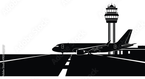 A stark black and white illustration depicts an airplane near an airport control tower emphasizing a dramatic silhouette high quality professional