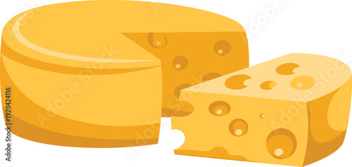 Yellow Cheese Wheel and Chunk with Holes Isolated on Transparent Background Dairy Food Concept