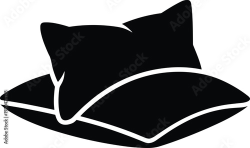 "Stylized black and white pillow silhouette icon illustration symbolizing sleep, rest, comfort, bedding, and relaxation for apps, signage, packaging, and home decor concepts"