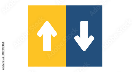 Up and down directional arrow icon design featuring contrasting navigation arrows in bold minimal flat style, conceptual illustration for movement, comparison, increase versus decrease, positive and n