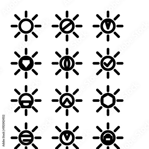 Set of minimalist gear and cog icons with integrated status symbols like checkmarks and targets. Black vector technical settings and configuration icons for UI/UX design.