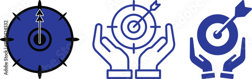 Target goal achievement icon set collection with dartboard, arrow, focus and business strategy symbols in blue and black colors isolated on white background, success and marketing concept.