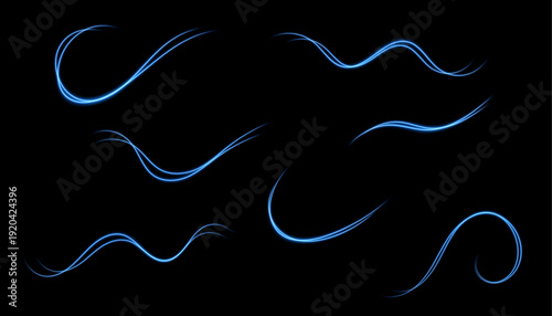 Set of glowing blue neon light waves on dark background. Smooth curved luminous streaks with soft gradient glow and motion effect. Abstract curved energy lines creating dynamic motion atmosphere.
