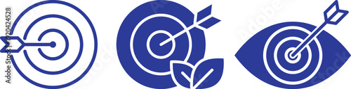 Target goal achievement icon set collection with dartboard, arrow, focus and business strategy symbols in blue and black colors isolated on white background, success and marketing concept.