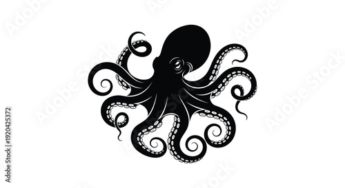 A striking black octopus illustration with swirling tentacles and a defined head shape presented as a silhouette high quality professional detailed
