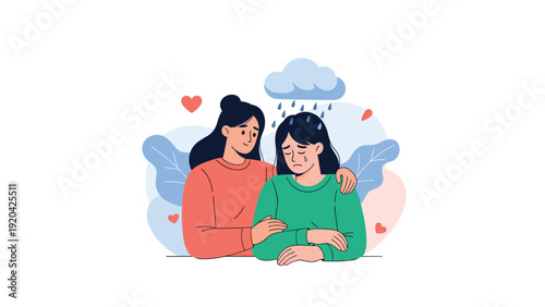 Kind young woman comforts her sad friend who is crying under a small dark rain cloud representing empathy support and mental health care.