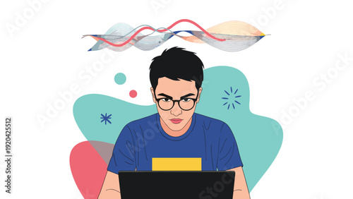 Concentrated young man with glasses focuses on his laptop screen while abstract sound waves and colorful shapes float in the background.