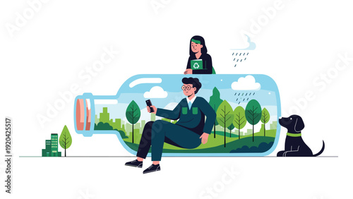 Creative illustration of a man sitting inside a giant glass bottle containing a lush green forest while a woman works on her laptop outside.