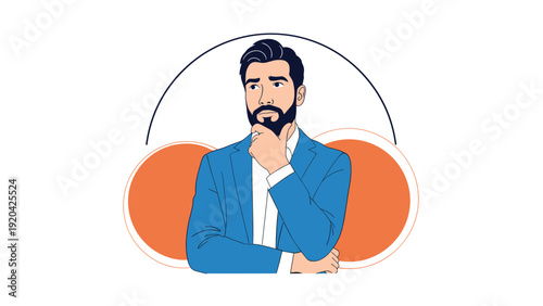 Confident businessman with a beard and suit rests his hand on his chin while looking thoughtfully into the distance against an abstract backdrop.