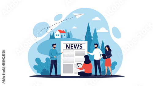 Diverse group of people standing around a giant newspaper reading the latest global news in an outdoor park setting with trees and a house.