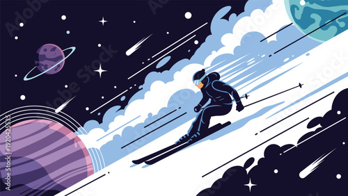 Adventurous skier glides down a white snowy slope in outer space with planets stars and colorful nebulae in the dark night sky.