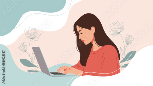 Young woman with long dark hair focuses on her laptop computer while working in a peaceful environment decorated with delicate line art flowers.