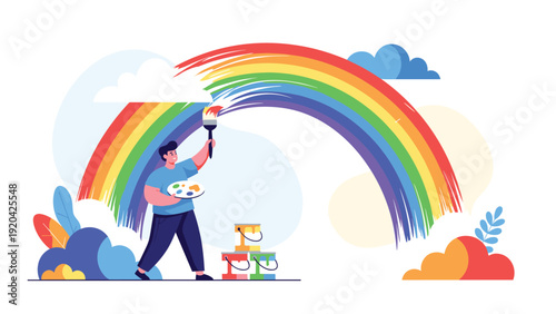 Creative artist holding a palette and brush paints a large vibrant seven-colored rainbow across a sky with fluffy clouds and bushes.