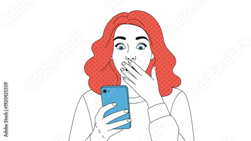 Surprised young woman with red hair looks at her blue smartphone with a wide-eyed expression of shock and covers her mouth with her hand.
