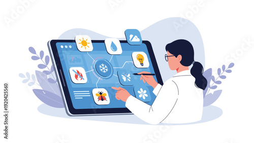 Professional female scientist in a lab coat uses a large touchscreen tablet to control various environmental icons and climate data systems.