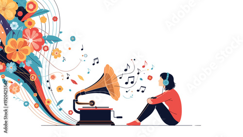 Young woman sits peacefully listening to music from a vintage gramophone that emits a beautiful stream of colorful flowers and musical notes.