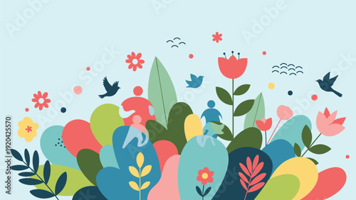 Artistic illustration of people silhouettes running and playing among a dense colorful field of giant stylized flowers leaves and birds.