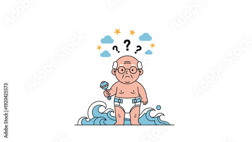 Surreal illustration of an elderly man dressed in a diaper holding a baby rattle while standing in ocean waves under a cloudy sky with questions.