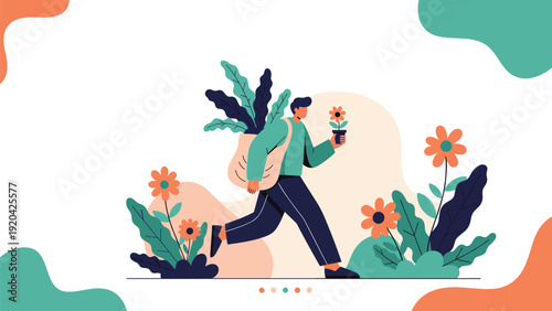 Energetic man runs across a white background carrying a large bag of green plants and holding a single blooming flower in his hand.