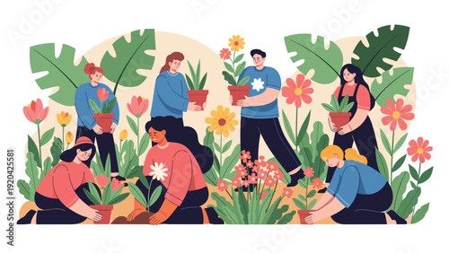 Large group of diverse people working together in a communal garden planting flowers and carrying various potted plants among lush greenery.