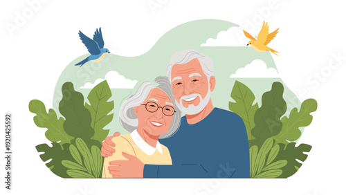 Happy elderly couple shares a loving embrace while standing in a beautiful garden filled with green leaves and colorful flying birds.