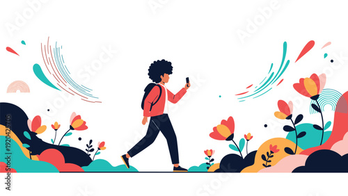 Young woman with backpack walking through field of colorful oversized flowers while using her mobile phone.