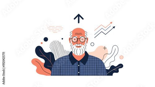 Senior man with upward trending arrows in background representing business growth and personal development.