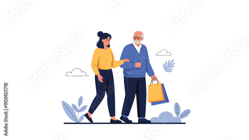 Kind young woman helping senior man carry shopping bags while walking together in modern urban city street.