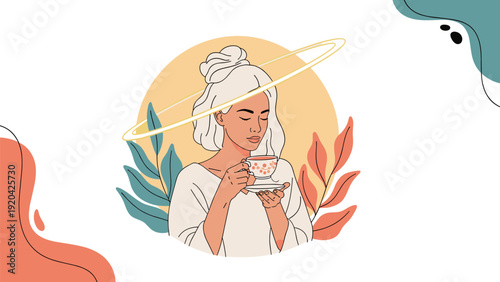 Serene woman drinking from decorative tea cup with halo element and botanical background for wellness concept.