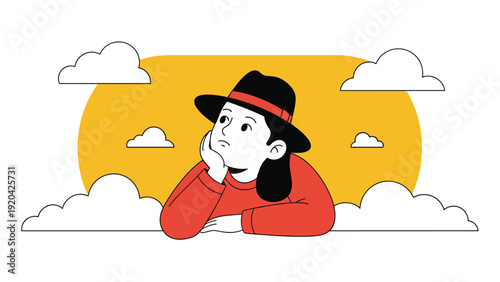 Pensive girl wearing hat thinking against bright yellow sun and clouds backdrop for creative inspiration and dreams.