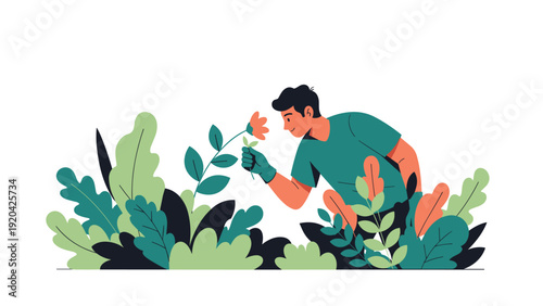 Man smelling freshly bloomed flower in lush green garden representing nature appreciation and healthy outdoor hobby.